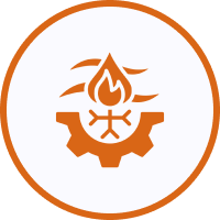 Wheeler's Heating & Air Conditioning Orange gear and flame icon in circle.
